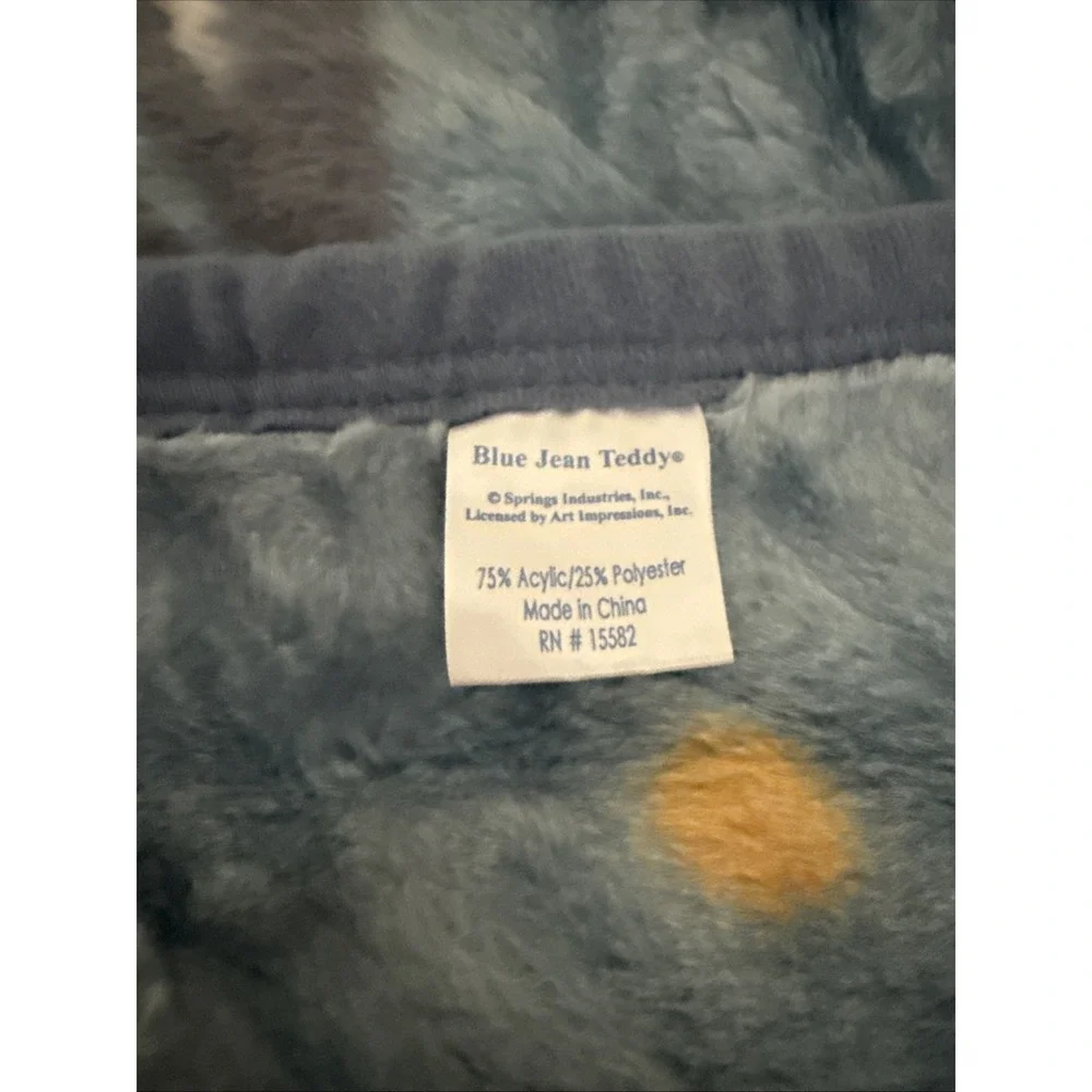 Blue Jean Teddy Bear Plush Fleece Baby Blanket Balloons Boy Girl 45X30 NIB
